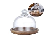 Mini présentoir à gâteau rond en verre avec base en bois 10,2 cm | Assiettes en bois avec dôme, plateau de service pour cuisine, anniversaire, mariage, apéritif, dessert et fromage