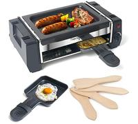 Mini raclette pour 1 à 2 personnes - Barbecue de table électrique avec plaque de cuisson antiadhésive et 2 poêlons à raclette et 4 spatules en bois pour barbecue et fromage - 500 W - Noir