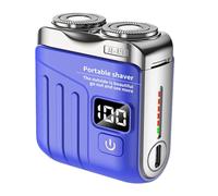 Mini rasoir électrique portable à double anneau rotatif, nouveau modèle R-19 2025, double tête avec écran numérique LED, rechargeable par USB, bouton unique, longue durée (Bleu)