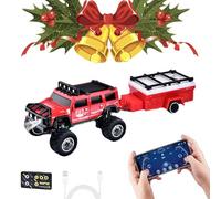 Mini RC Off-Road Truck with Lights, Mini RC Monster Truck, 2.4G Racing System with LED Lights, Adjustable Steering, for Kids Adults and Collectors (Red,with Trailer)