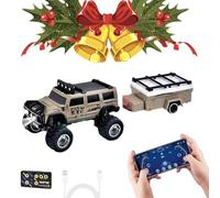 Mini RC Off-Road Truck with Lights, Mini RC Monster Truck, 2.4G Racing System with LED Lights, Adjustable Steering, for Kids Adults and Collectors (Khaki,with Trailer)