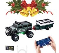 Mini RC Off-Road Truck with Lights, Mini RC Monster Truck, 2.4G Racing System with LED Lights, Adjustable Steering, for Kids Adults and Collectors (Dark Green,with Trailer)