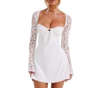 Mini robe ajourée à manches longues dos nu en dentelle patchwork à lacets, blanc, L