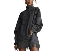 Mini robe ample en daim synthétique avec ourlet à franges et poches pour femme, Noir , S