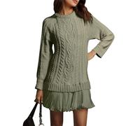 Mini robe chandail à col rond en tricot torsadé pour femme, col rond, manches longues, plissée, style patchwork décontracté, vert militaire, 3XL