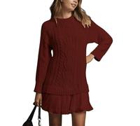 Mini robe chandail à col rond en tricot torsadé pour femme, col rond, manches longues, plissée, style patchwork décontracté, rouge vin, S