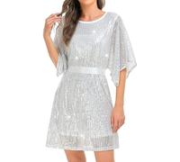 Mini robe de cocktail élégante en dentelle à paillettes pour invitée au mariage, bal de fin d'année, réception, Argenté., S