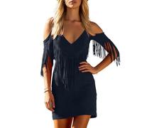 Mini robe de cowboy occidentale chic à franges pour femme - Épaules dénudées - Style vintage - En daim - Col en V - Pour concerts de campagne, rodéo, soirées, bleu marine, M