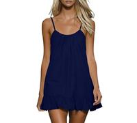 Mini robe décontractée à bretelles pour femme, dos profond, avec ruban à nouer, volants fluides, robe d'été, de salon, de plage, disponible en plusieurs couleurs, Marine, 3XL