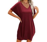 Mini Robe Décontractée Hawaïenne Été pour Femme - Robe Droite Manches Courtes - Longueur du Genou - Coupe Ample - Robe T-Shirt Grande Taille Col en V- Robe de Plage (04 Rouge, M)