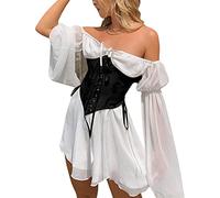 Mini robe d'été à manches bouffantes et épaules dénudées et col carré à volants en forme de trapèze pour femme, Robe blanche., L