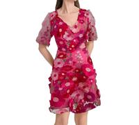 Mini robe d'été pour femme avec broderie florale 3D en tulle, manches bouffantes, col en V, dentelle, maille, mini robe moulante pour fête, cocktail, rose rouge, L
