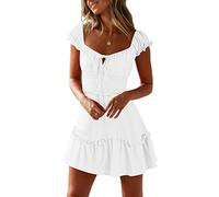 Mini robe d'été pour femme avec manches volantées et col en cœur, Blanc S, Taille M