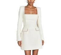 Mini robe élégante en tweed pour femme - Robe vintage à manches longues et col carré ornée de perles pour fête, cocktail, bal, affaires, rétro, chic, automne hiver, blanc, S