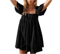 Mini robe élégante plissée pour femme - Couleur unie - Manches bouffantes - Robe d'été ample - Manches courtes - Longueur genou - Robe de plage bohème - Robe de fête - Robe tunique d'été - Ligne A