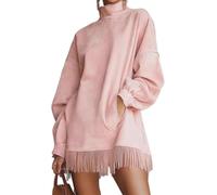 Mini robe en daim pour femme, mini robe en velours avec pompons, manches longues, coupe ample décontractée avec poches, rose, L
