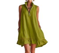 Mini robe en lin sans manches à fermeture éclair pour femme, col montant, ourlet à volants, robe droite décontractée avec poches, col en V, coupe ample, chemise sans manches, chemisier léger et aéré
