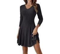 Mini robe en maille côtelée avec col en V et manches 3/4 dans une silhouette ajustée et évasée pour une tenue décontractée par temps froid, gris foncé, M