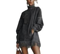 Mini robe en velours avec pompons et col roulé en daim synthétique avec ourlet à franges pour femme, Noir , 3XL