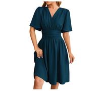 Mini Robe Femme Manches Courtes Col V Chic et Elegant Robes Manches Lanternes D'été et Hiver A-Line Casual Robe Vacances Party Dress pour Fête Noël Mariage Cocktail Soirée