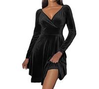 Mini Robe Femme Manches Longues Col V Chic et Elegant Robes Manches Lanternes D'été et Hiver A-Line Casual Robe Casual pour Fête Noël Mariage Sweatshirt Jupe Femme Chic Hiver (Z5 Noir,L)