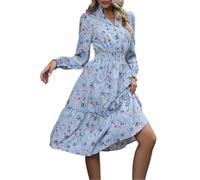Mini robe florale à manches longues pour femme avec boutons et col en V, bleu clair, 3-4ans(100 cm)
