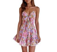 Mini robe florale Y2K Coquette d'été mignonne bohème fluide bretelles spaghetti nuisette courte Cottagecore, rose, Taille M
