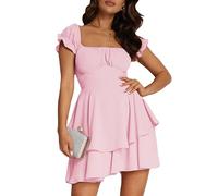 Mini robe française courte à manches bouffantes et col carré avec volants et ourlet à volants pour femme, rose, XL