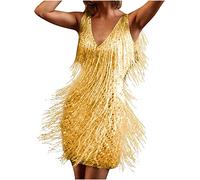 Mini robe garçonne pour femme - Style rétro des années 1920 - Col en V rugissant à paillettes - Costume sans manches pour cocktail, salle de bal, salsa-samba, tango, danse latine - Doré, taille S