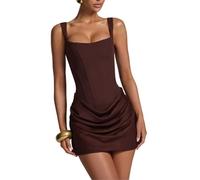 Mini robe moulante à volants en satin avec bretelles spaghetti, mini robe de cocktail, corset moulant, marron, M