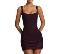 Mini robe moulante à volants en satin avec bretelles spaghetti, mini robe de cocktail, corset moulant, violet, S