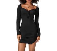 Mini robe moulante Y2k pour femme avec bordure en dentelle élégante à manches longues coupe basse coupe ajustée fendue robe courte Clubwear, a-noir, M
