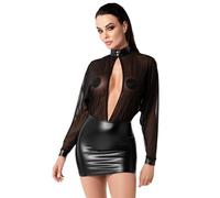 Mini robe noire élégante à manches longues en mélange de tulle transparent et look Powerwetlook avec décolleté profond et col montant, Noir , S