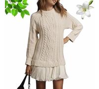 Mini robe patchwork plissée à manches longues et col rond pour femmes, automne décontracté en tricot torsadé 2026, beige, XXL