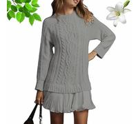 Mini robe patchwork plissée à manches longues et col rond pour femmes, automne décontracté en tricot torsadé 2026, Gris pastel, S