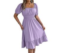 Mini robe plissée décontractée pour femme, col carré, style bohème, robe de plage, taille haute, silhouette trapèze, violet clair, M-L