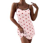 Mini robe pour femme avec cœurs - Chemise de nuit courte - Pyjama en coton - Bretelles spaghetti - Haut d'été - Robe décontractée sexy - Grandes tailles - Nuisette - Robe débardeur - Chemise de nuit,