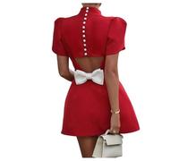 Mini Robe pour Femme découpée nœud col Montant Bouffante à Manches Courtes Robes de soirée trapèze (Rouge Solide,Grand)