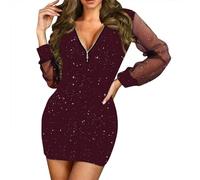 Mini robe pour femme, sequins robe de mariée sans épaules dénudées de la mode des robes avec des paillettes de style rétro des vêtements d'hiver Slim Fit Cocktail pour femme, coupe midi, Vin., S