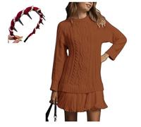 Mini robe pull à col rond en tricot torsadé à manches longues avec jupe plissée patchwork double style décontracté pour femme, marron foncé, 3XL