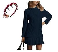 Mini robe pull à col rond en tricot torsadé à manches longues avec jupe plissée patchwork double style décontracté pour femme, bleu marine, M