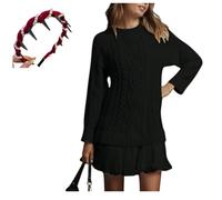 Mini robe pull à col rond en tricot torsadé à manches longues avec jupe plissée patchwork double style décontracté pour femme, Noir , S