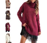 Mini robe pull à col roulé pour femme, robe pull 2 pièces, robe chandail douce et ample avec élégante robe à enfiler en dentelle, rose rouge, S