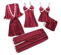 Mini robe sexy pour femmes pyjama 5 pièces pyjama femmes dentelle charmante vêtements de nuit pause bébé sous-vêtements lingerie sexy blanche, Bordeaux, L