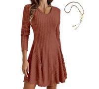 Mini robe trapèze côtelée avec col en V et manches longues, robe décontractée en tricot côtelé, nuisette trapèze, robes chandails tuniques pour femmes, rouge foncé, XL