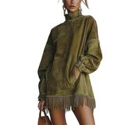 Mini robe vintage ample en daim, col haut, velours, robe vintage ample à franges et poches pour femme, Vert, L