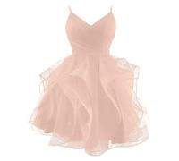 Mini robes de cocktail courtes en tulle pailleté avec bretelles spaghetti pour adolescentes, robe de bal à volants bouffants à volants, rose poudré, 36