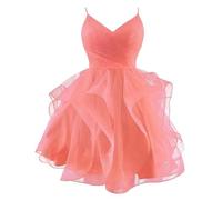 Mini robes de cocktail courtes en tulle pailleté avec bretelles spaghetti pour adolescentes, robe de bal à volants bouffants à volants, corail, 36