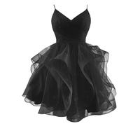 Mini robes de cocktail courtes en tulle pailleté avec bretelles spaghetti pour adolescentes, robe de bal à volants bouffants à volants, Noir , 42
