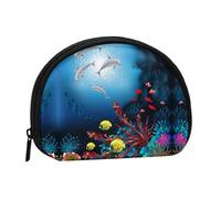 Mini sac de rangement portable en forme de coquillage avec imprimé dauphins sous-marins et poissons corail